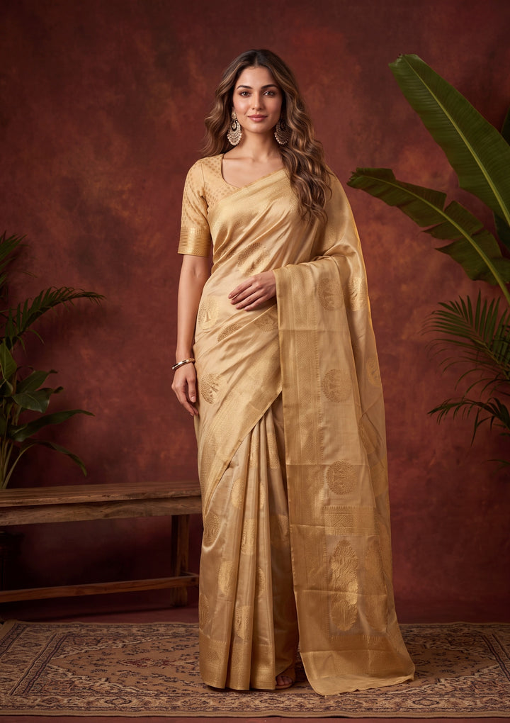 Beige Art Silk Kanjivaram Jaal Saree With Matching Blouse Piece