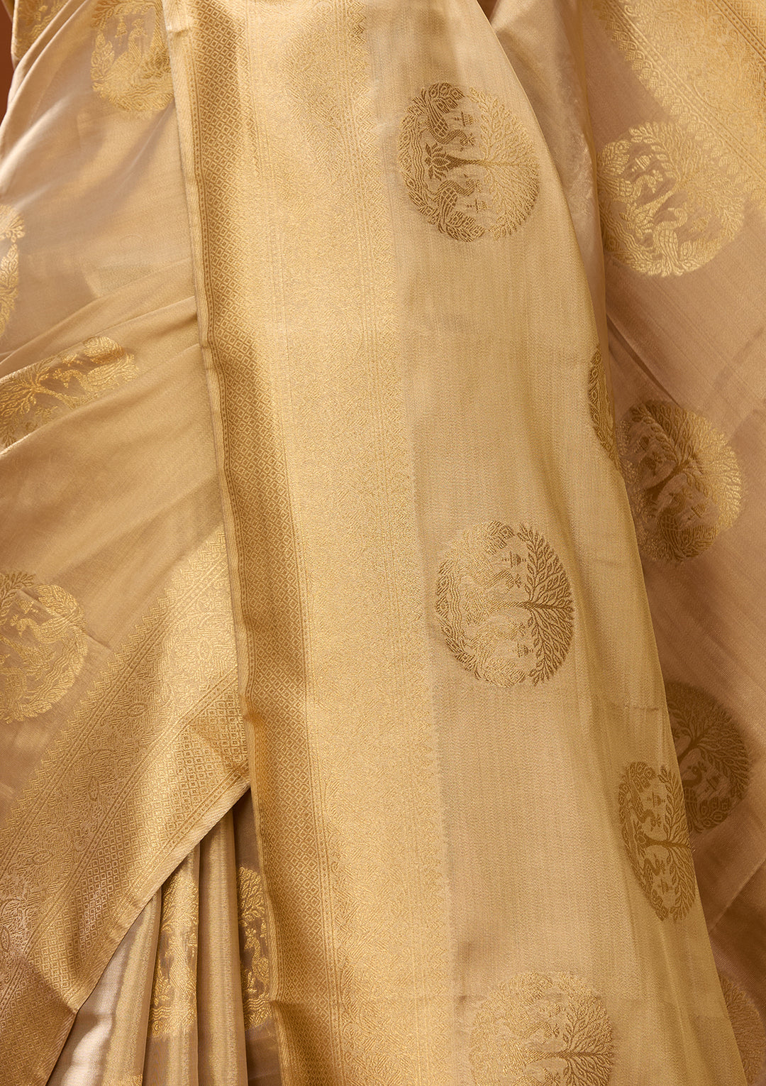 Beige Art Silk Kanjivaram Jaal Saree With Matching Blouse Piece