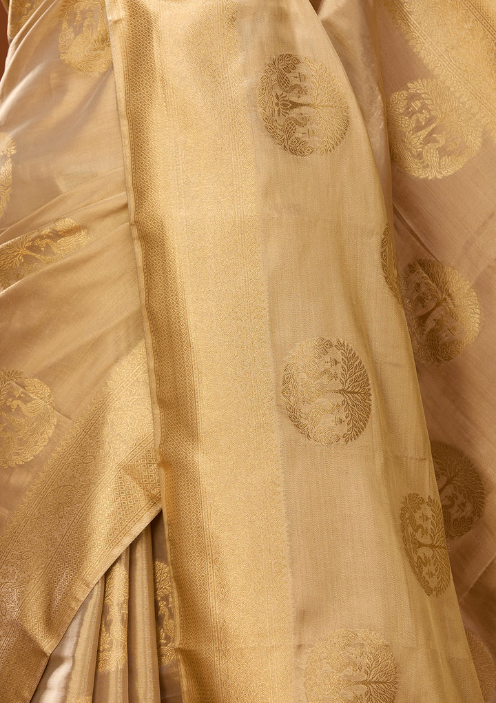 Beige Art Silk Kanjivaram Jaal Saree With Matching Blouse Piece