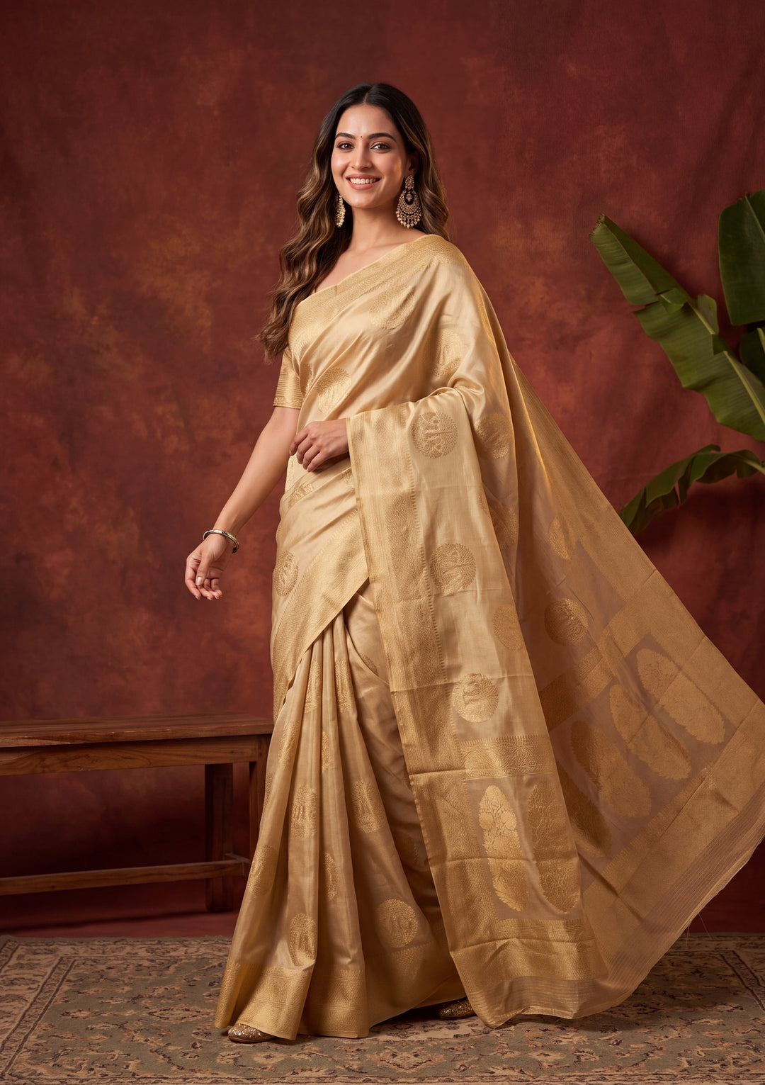 Beige Art Silk Kanjivaram Jaal Saree With Matching Blouse Piece