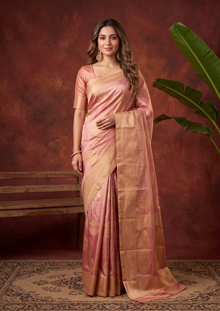 Onion Pink Art Silk Kanjivaram Jaal Saree With Matching Blouse Piece