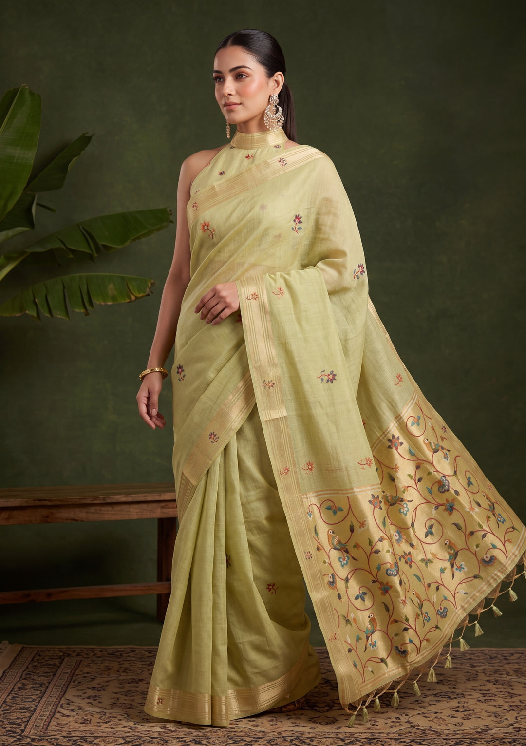 Pista Green Silk Jaal Saree With Matching Blouse Piece