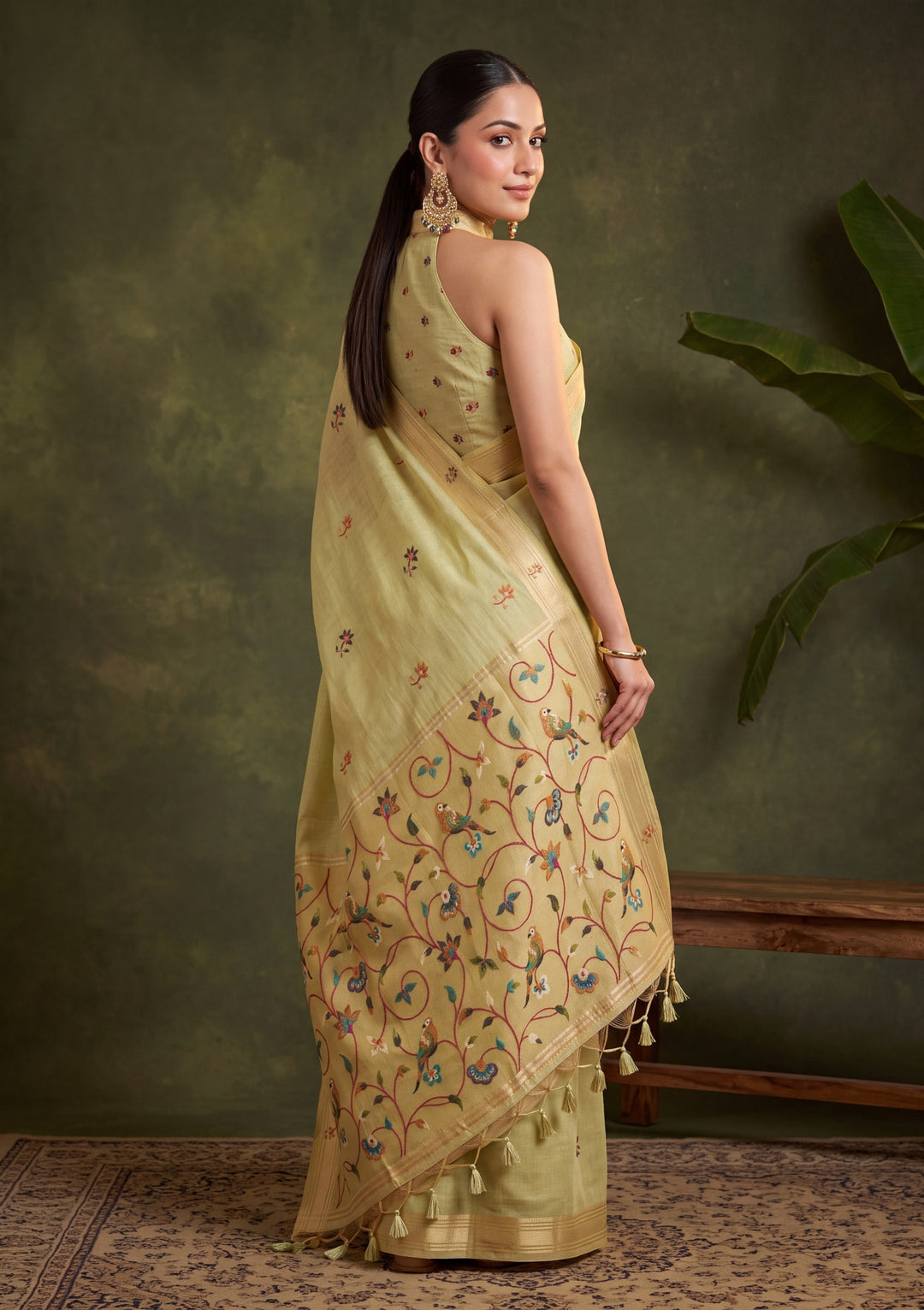 Pista Green Silk Jaal Saree With Matching Blouse Piece