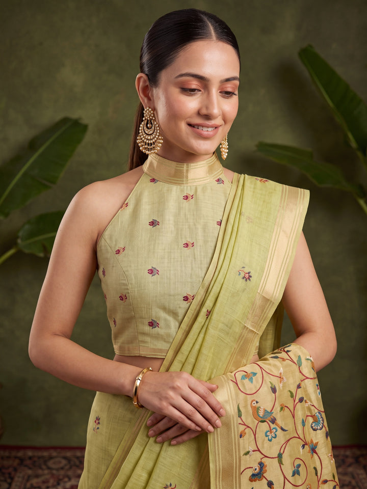 Pista Green Silk Jaal Saree With Matching Blouse Piece