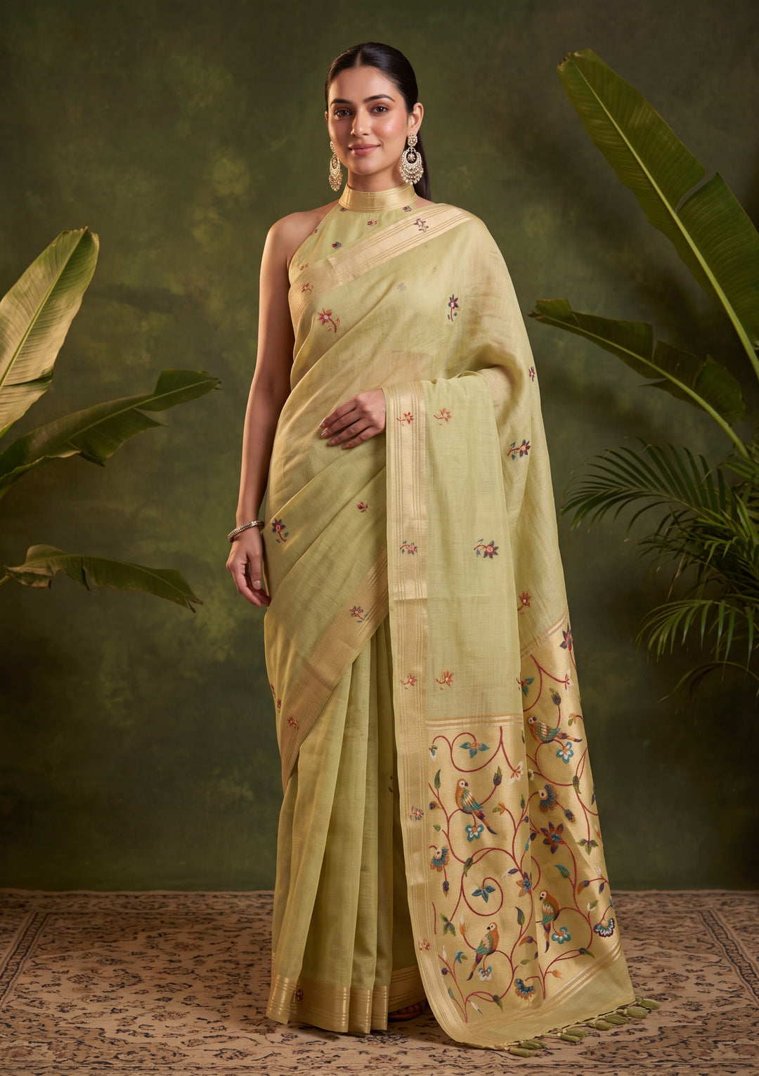Pista Green Silk Jaal Saree With Matching Blouse Piece