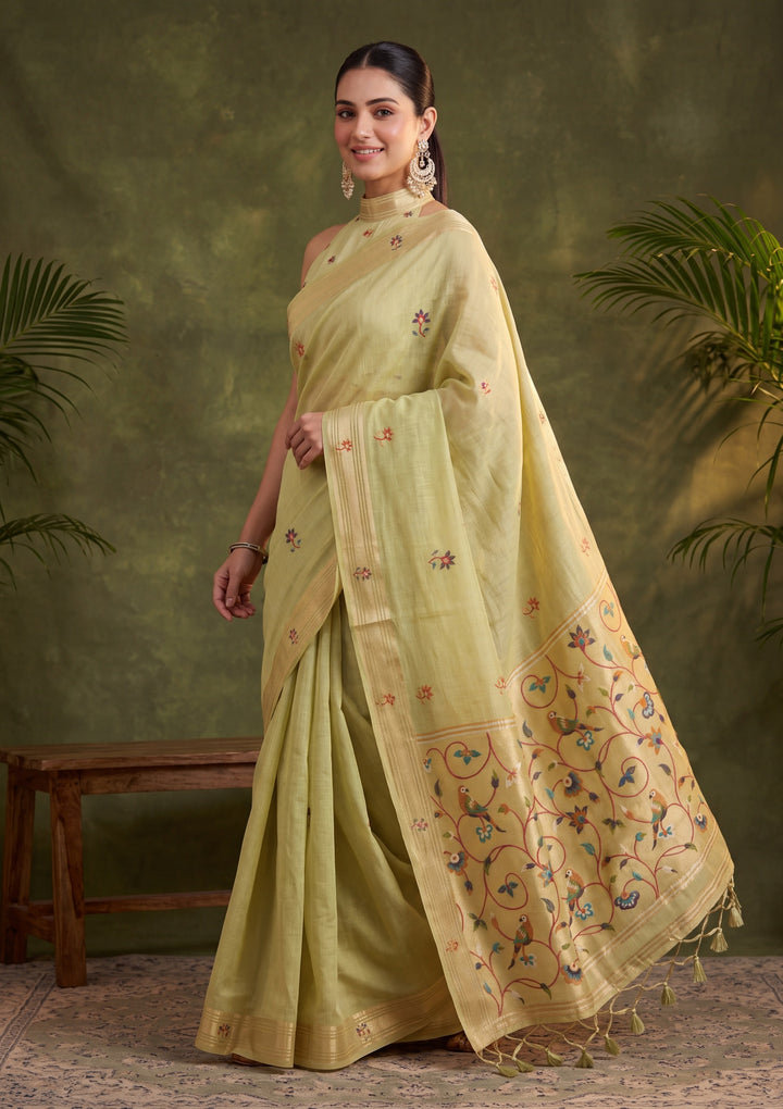 Pista Green Silk Jaal Saree With Matching Blouse Piece