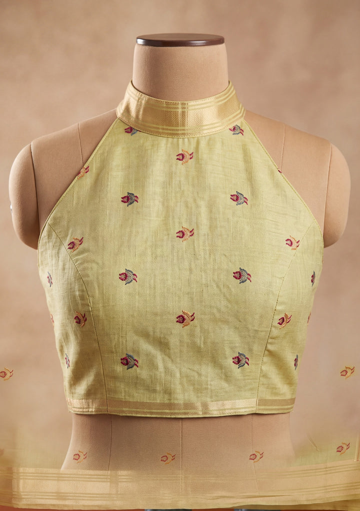 Pista Green Silk Jaal Saree With Matching Blouse Piece