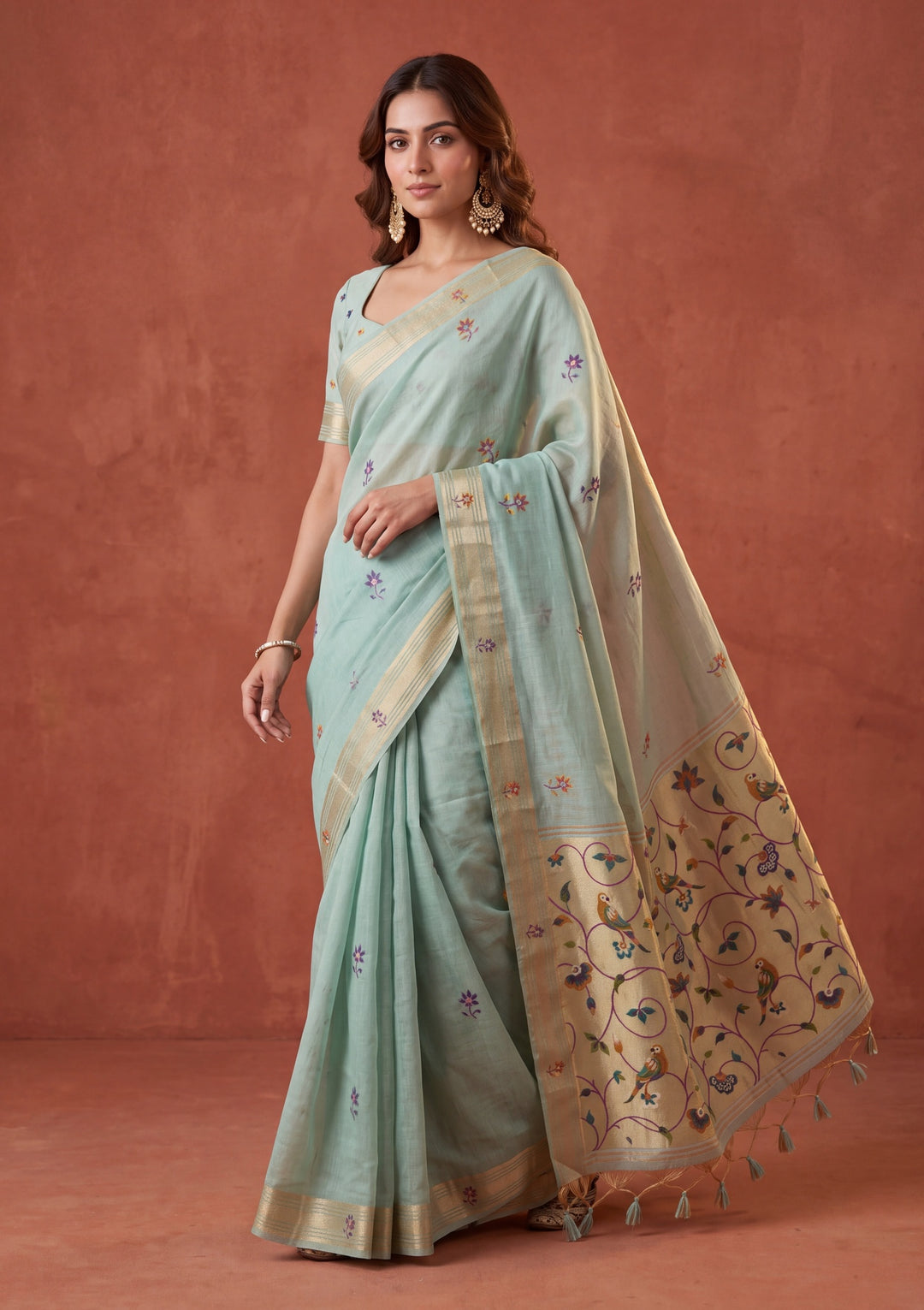 Sea Green Silk Jaal Saree With Matching Blouse Piece