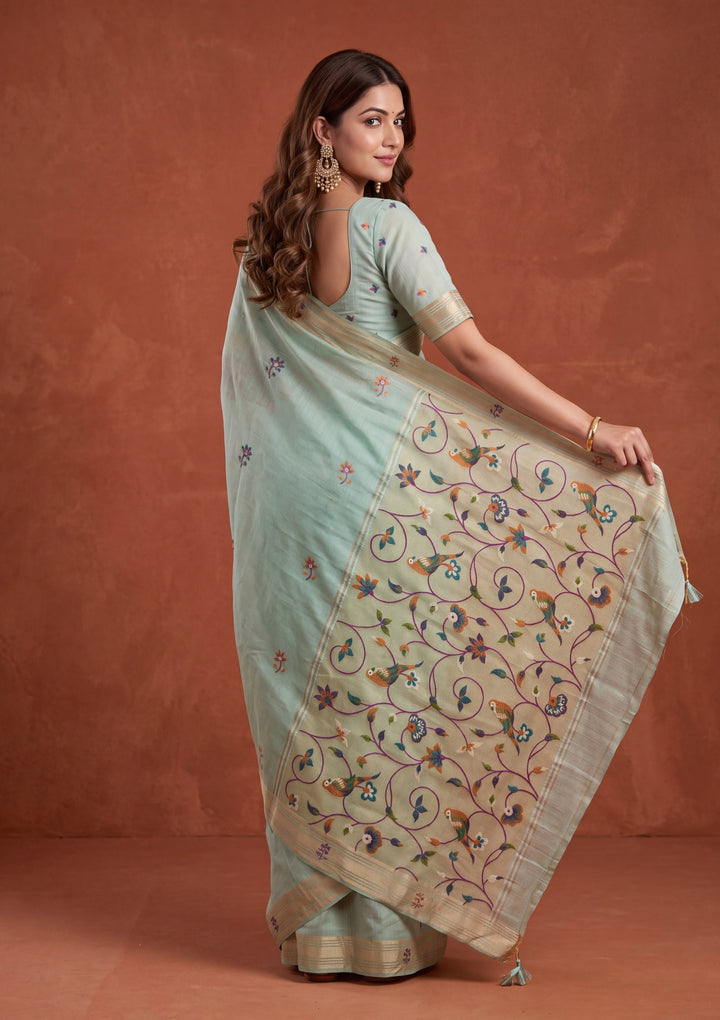 Sea Green Silk Jaal Saree With Matching Blouse Piece