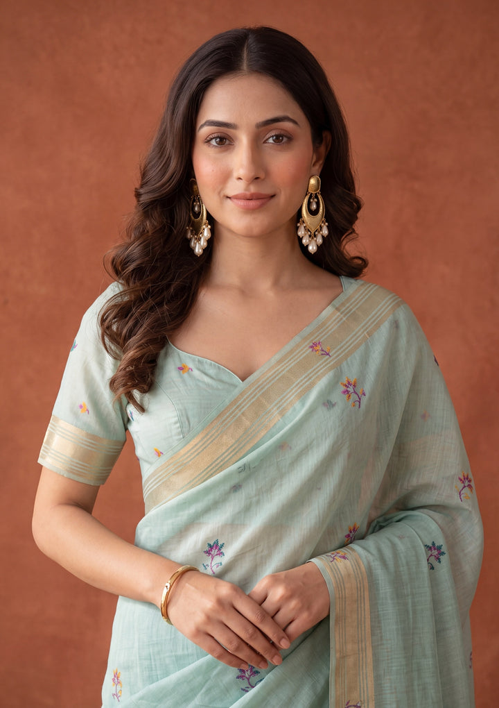 Sea Green Silk Jaal Saree With Matching Blouse Piece