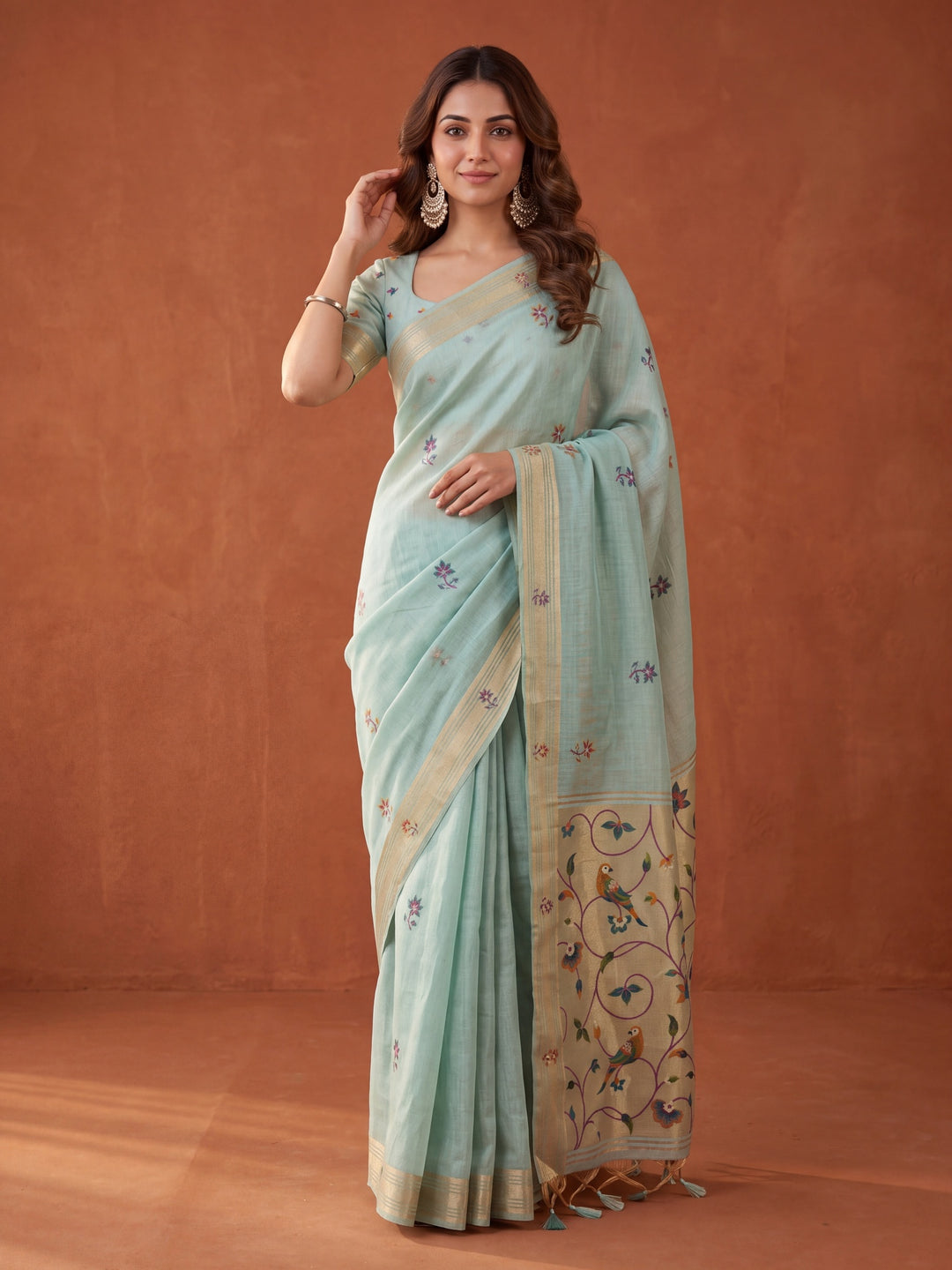 Sea Green Silk Jaal Saree With Matching Blouse Piece