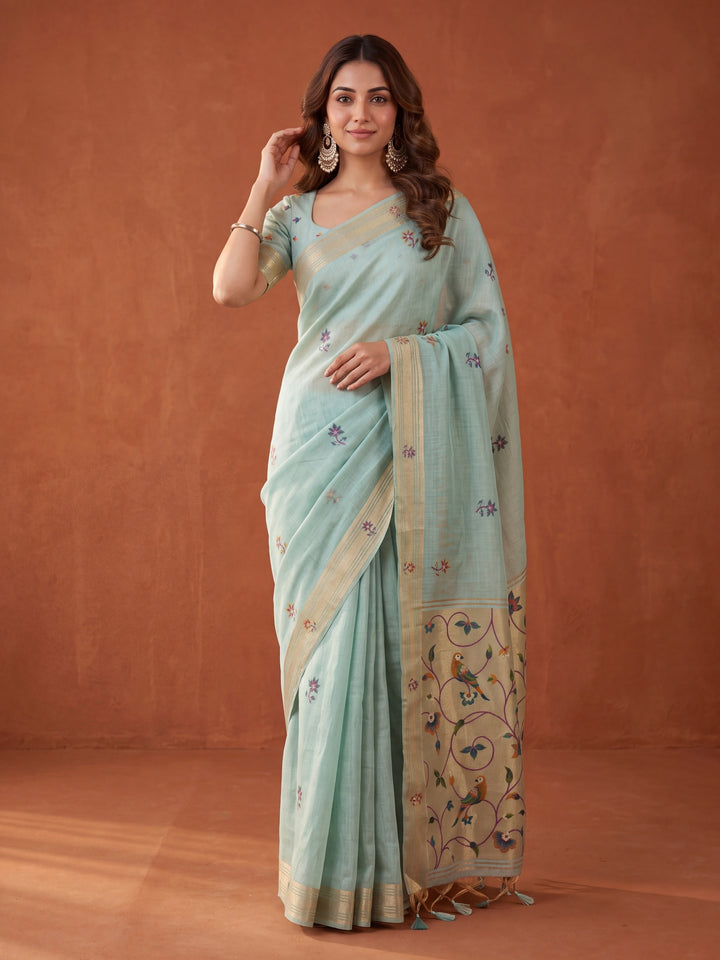 Sea Green Silk Jaal Saree With Matching Blouse Piece