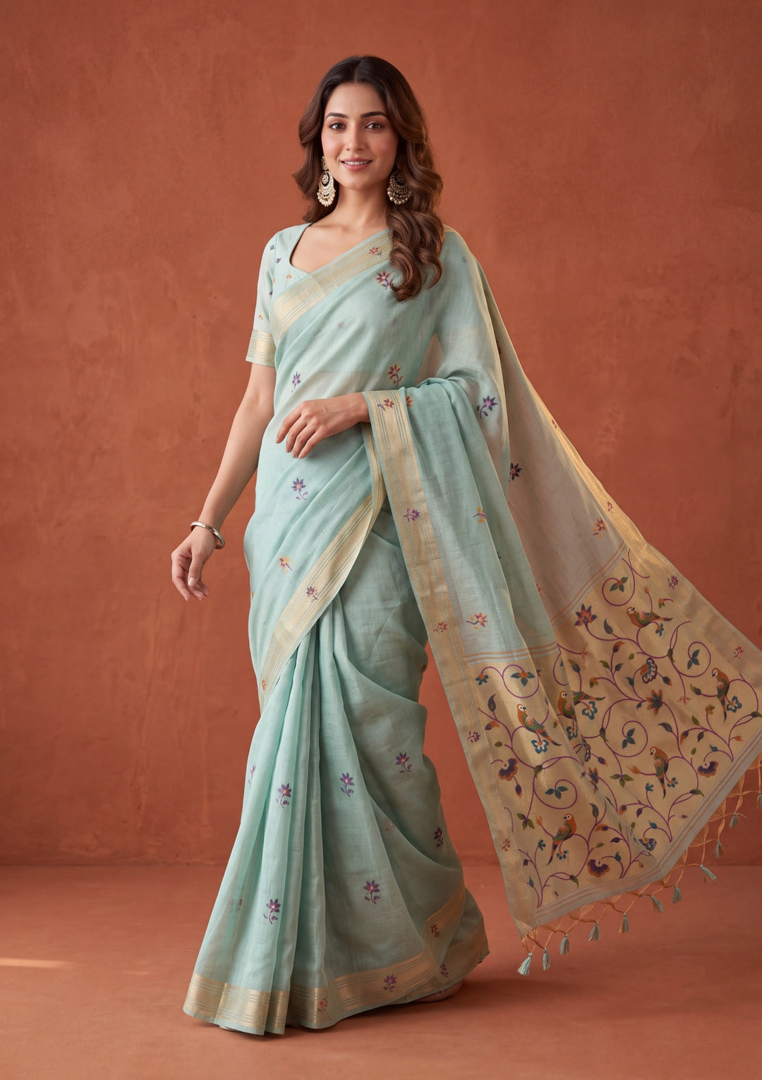 Sea Green Silk Jaal Saree With Matching Blouse Piece