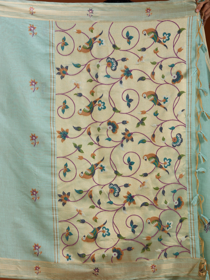 Sea Green Silk Jaal Saree With Matching Blouse Piece