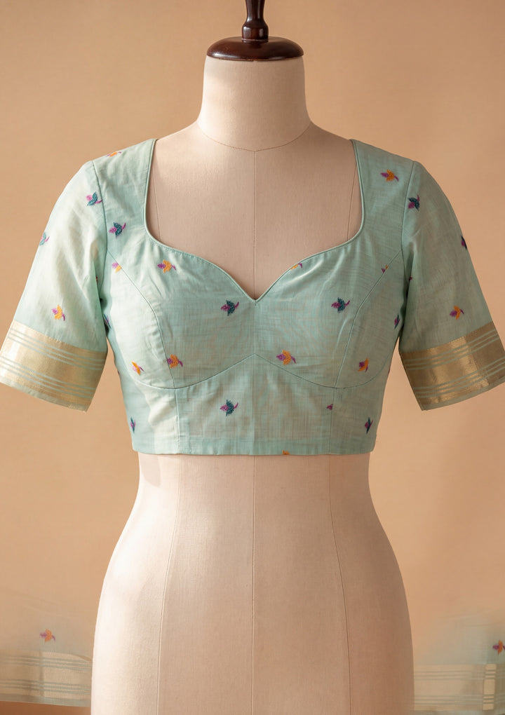 Sea Green Silk Jaal Saree With Matching Blouse Piece