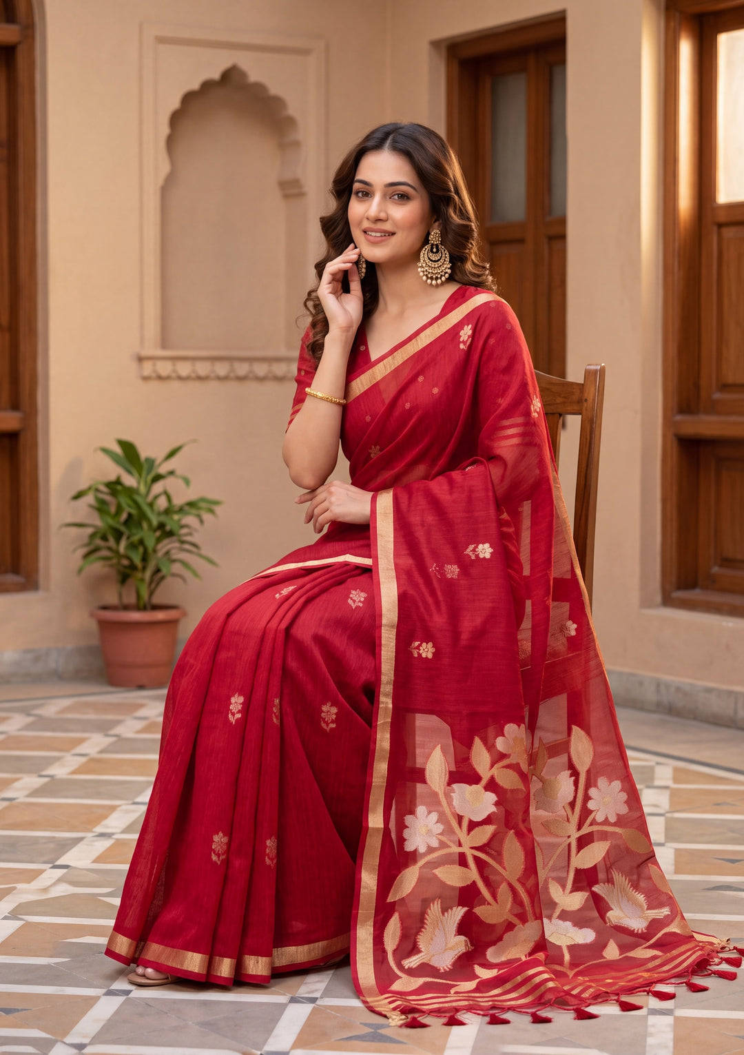 Red Art Silk Kanjivaram Jaal Saree With Matching Blouse Piece
