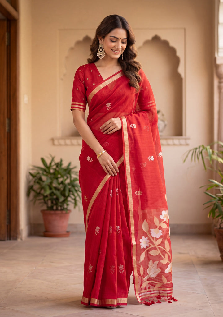 Red Art Silk Kanjivaram Jaal Saree With Matching Blouse Piece