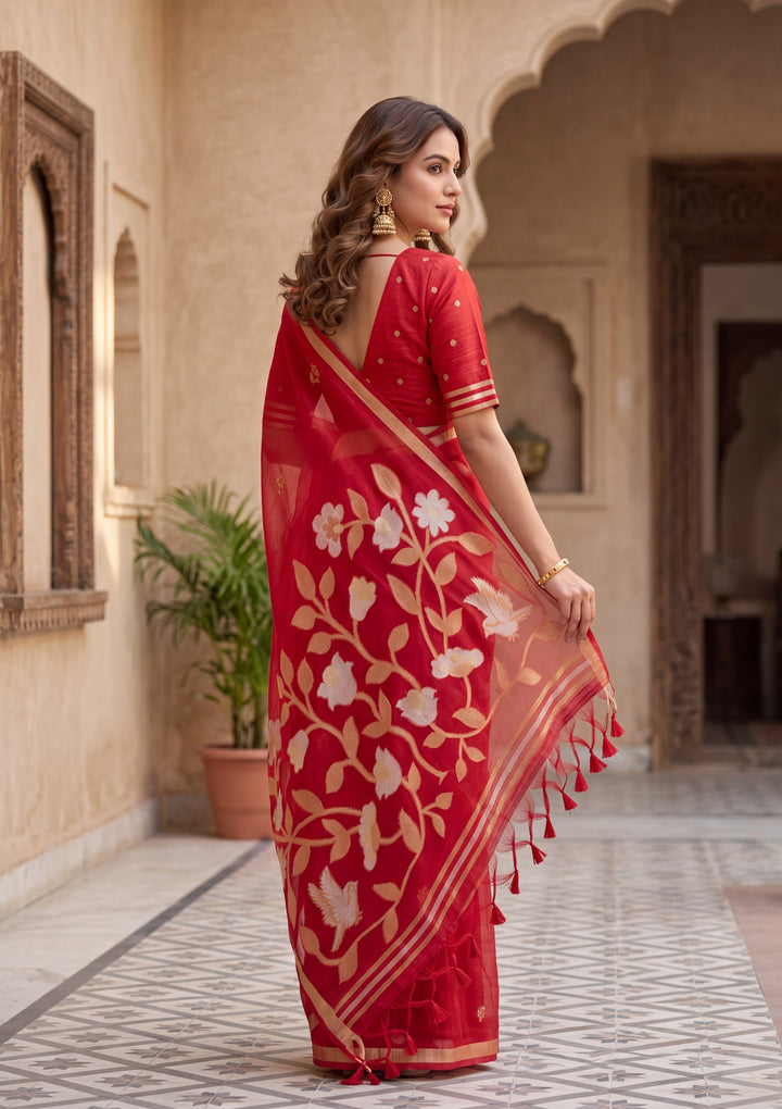Red Art Silk Kanjivaram Jaal Saree With Matching Blouse Piece