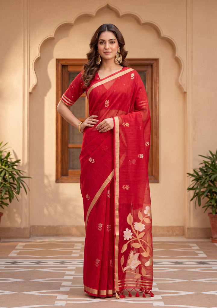 Red Art Silk Kanjivaram Jaal Saree With Matching Blouse Piece
