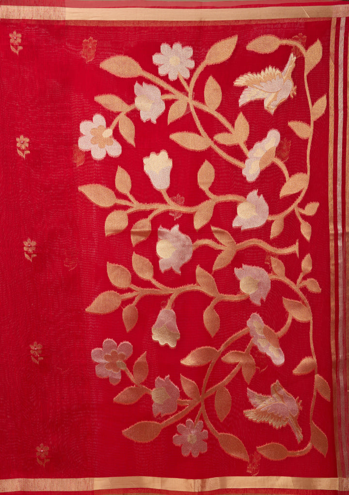 Red Art Silk Kanjivaram Jaal Saree With Matching Blouse Piece