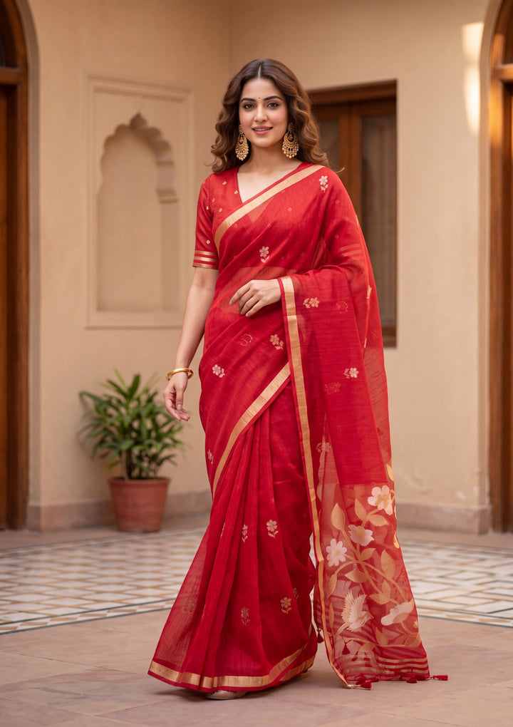 Red Art Silk Kanjivaram Jaal Saree With Matching Blouse Piece