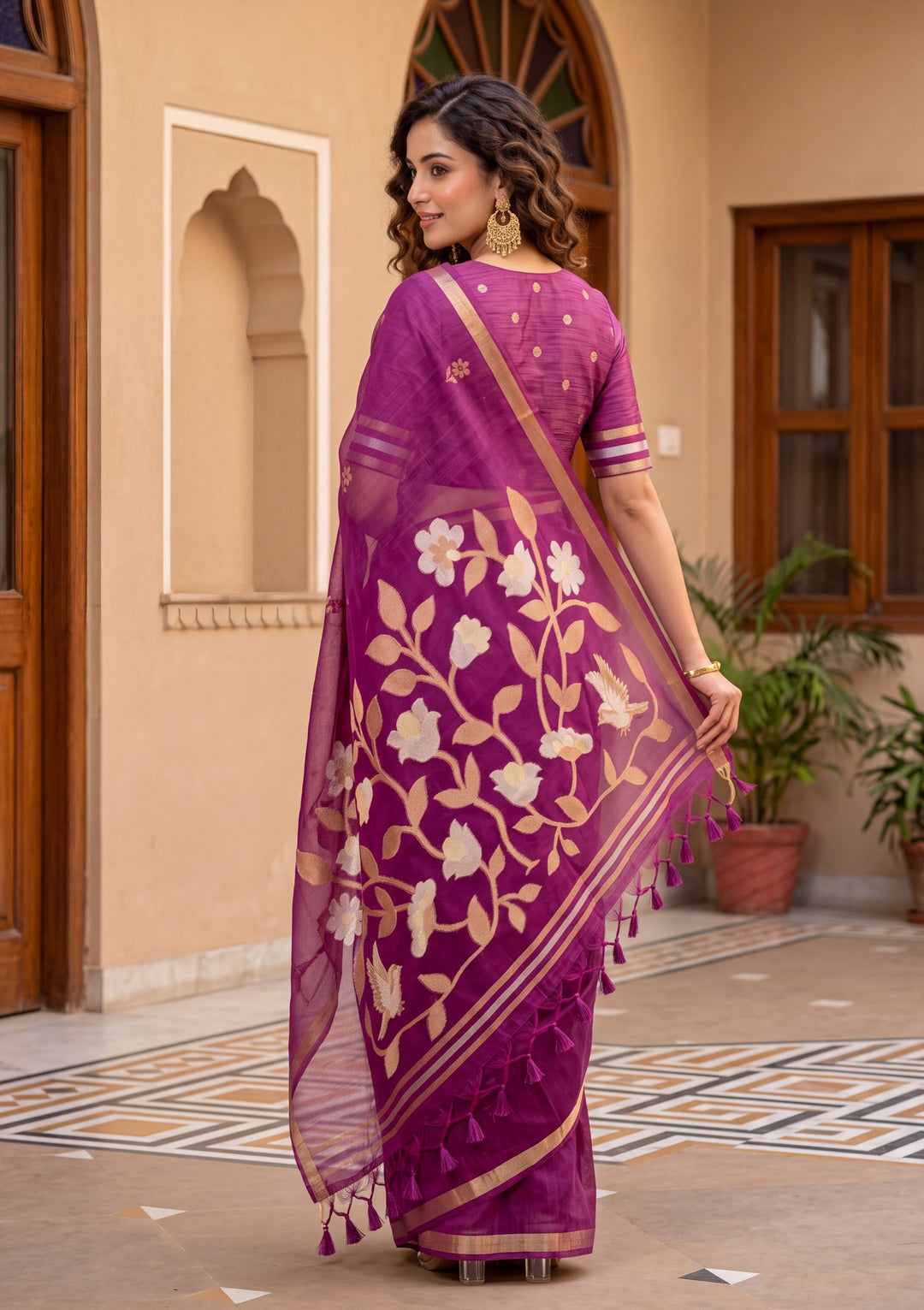 Wine Art Silk Kanjivaram Jaal Saree With Matching Blouse Piece