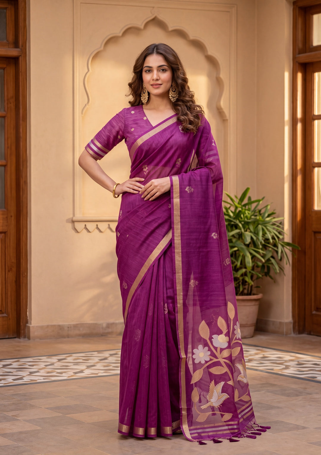 Wine Art Silk Kanjivaram Jaal Saree With Matching Blouse Piece