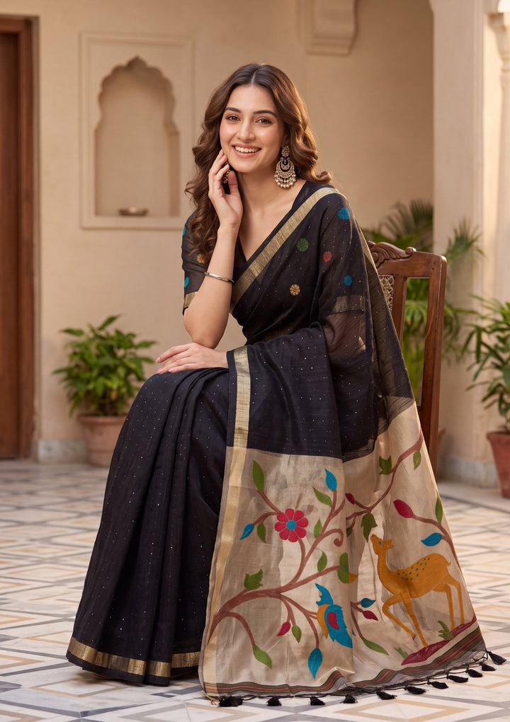 Black Art Silk Kanjivaram Jaal Saree With Matching Blouse Piece