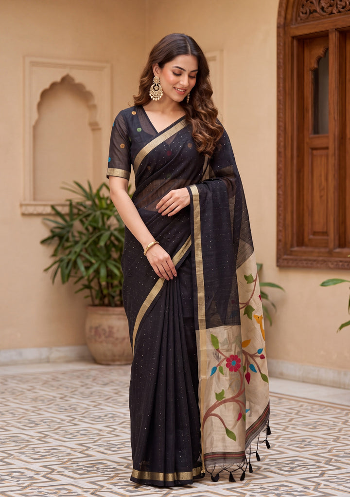 Black Art Silk Kanjivaram Jaal Saree With Matching Blouse Piece