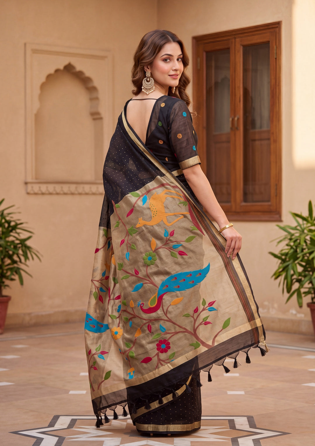 Black Art Silk Kanjivaram Jaal Saree With Matching Blouse Piece