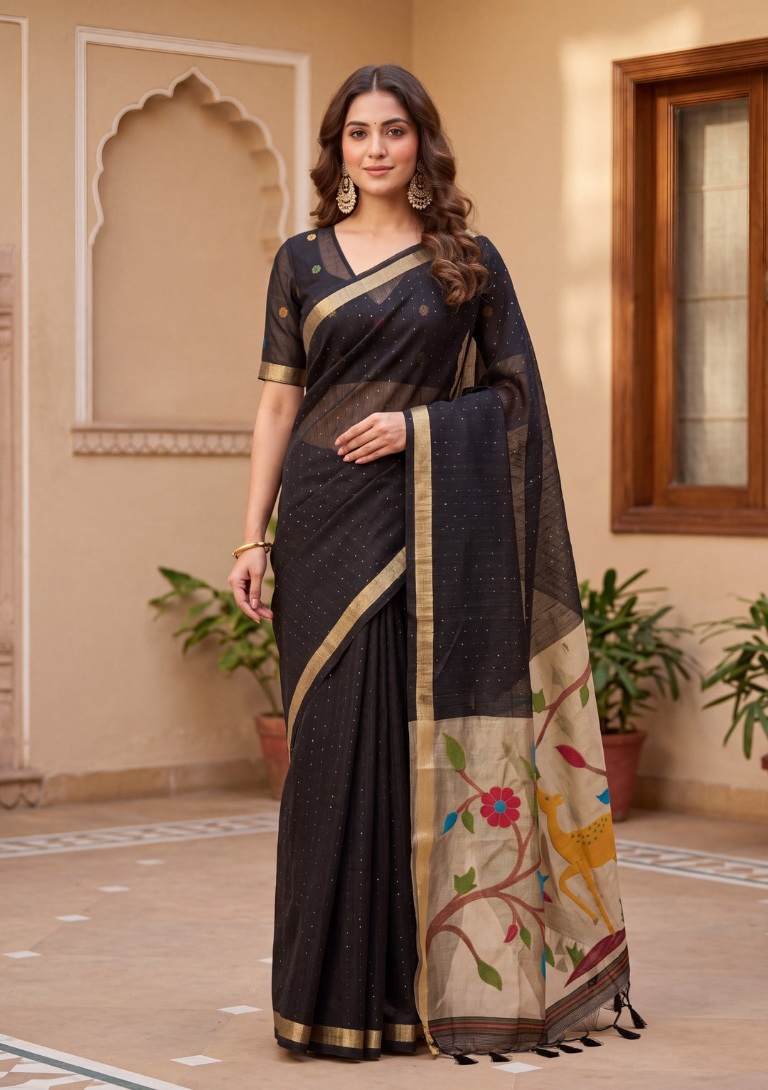 Black Art Silk Kanjivaram Jaal Saree With Matching Blouse Piece