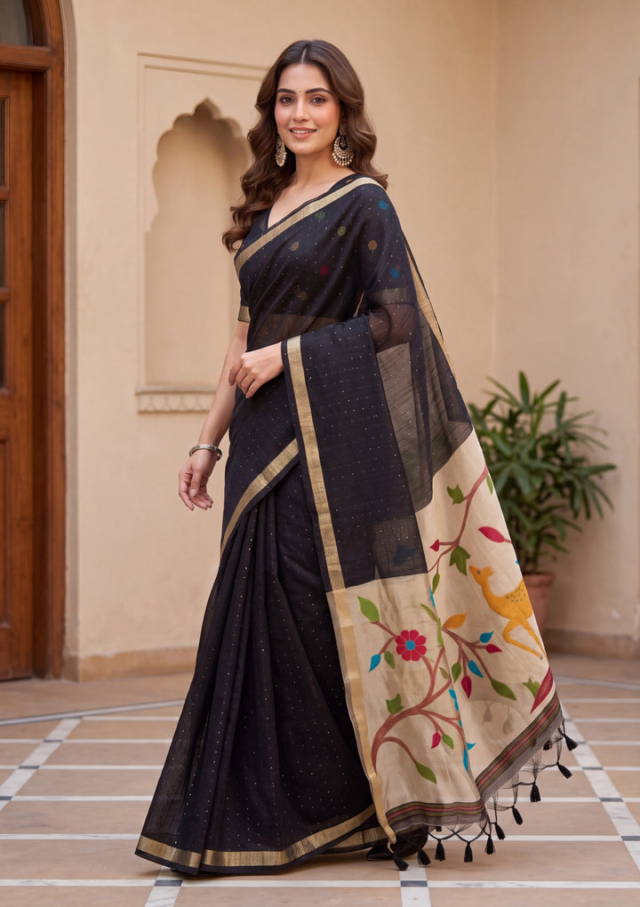 Black Art Silk Kanjivaram Jaal Saree With Matching Blouse Piece