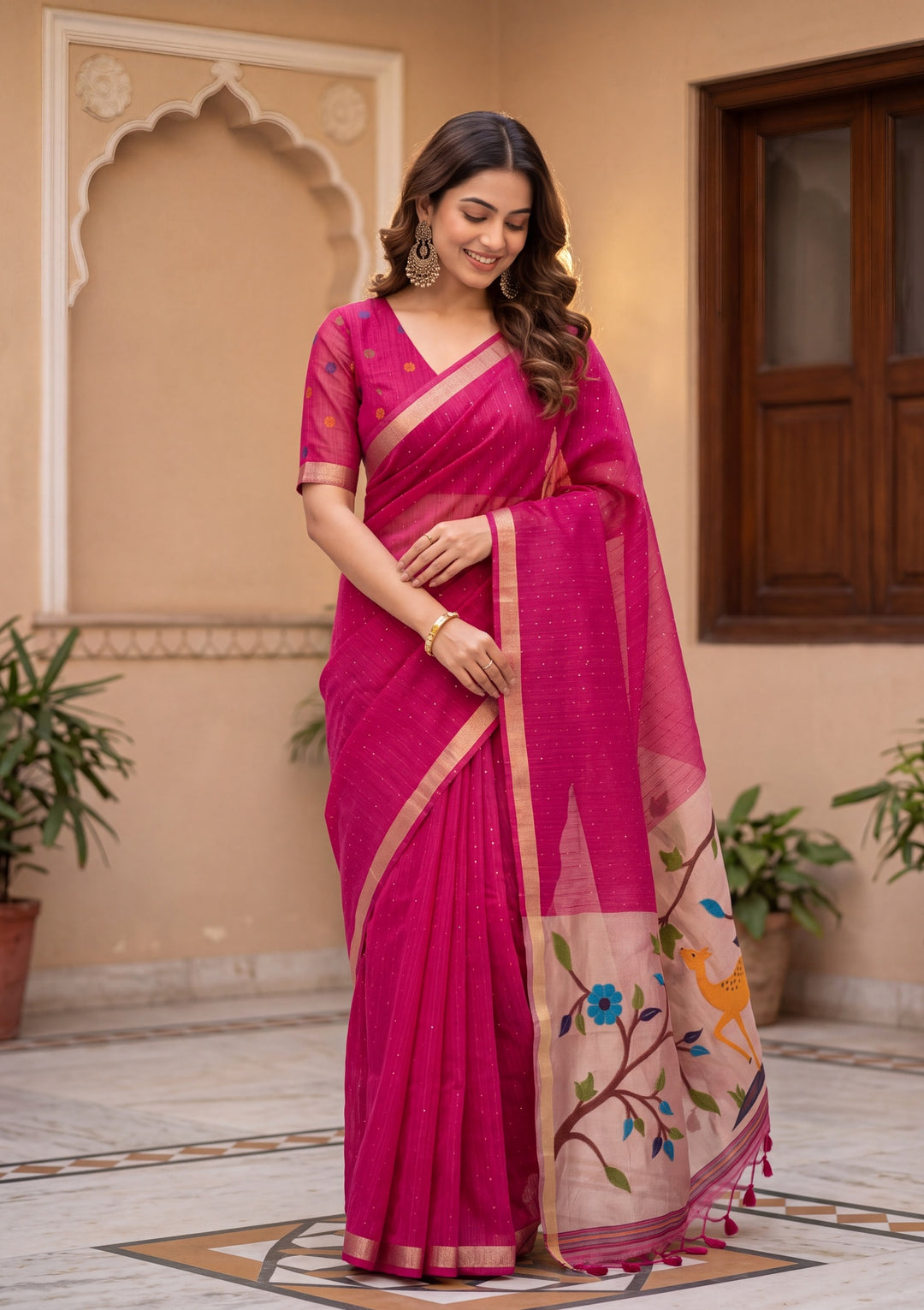 Rani Pink Art Silk Kanjivaram Jaal Saree With Matching Blouse Piece