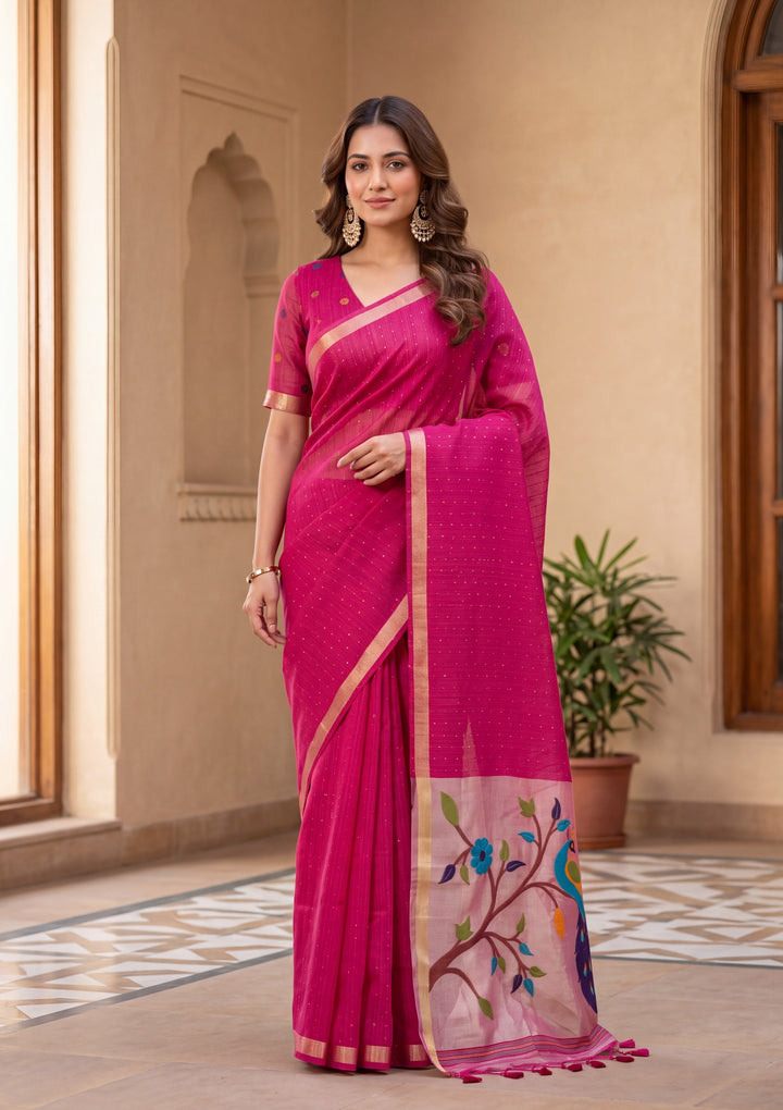 Rani Pink Art Silk Kanjivaram Jaal Saree With Matching Blouse Piece