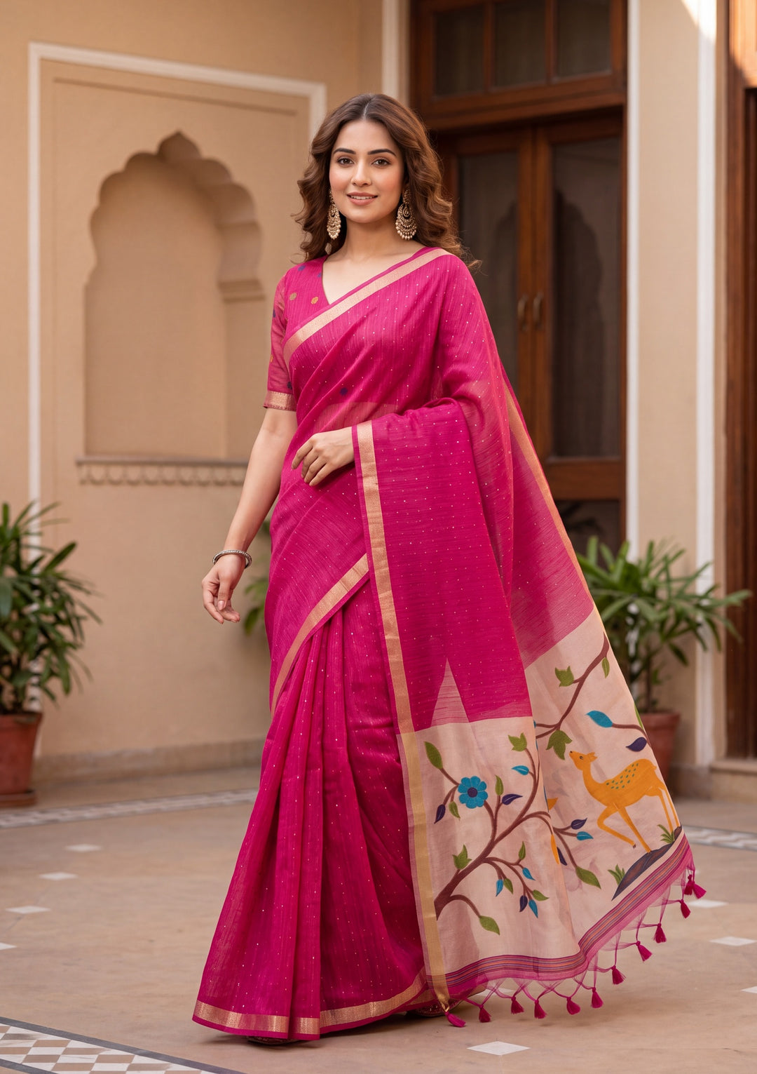 Rani Pink Art Silk Kanjivaram Jaal Saree With Matching Blouse Piece