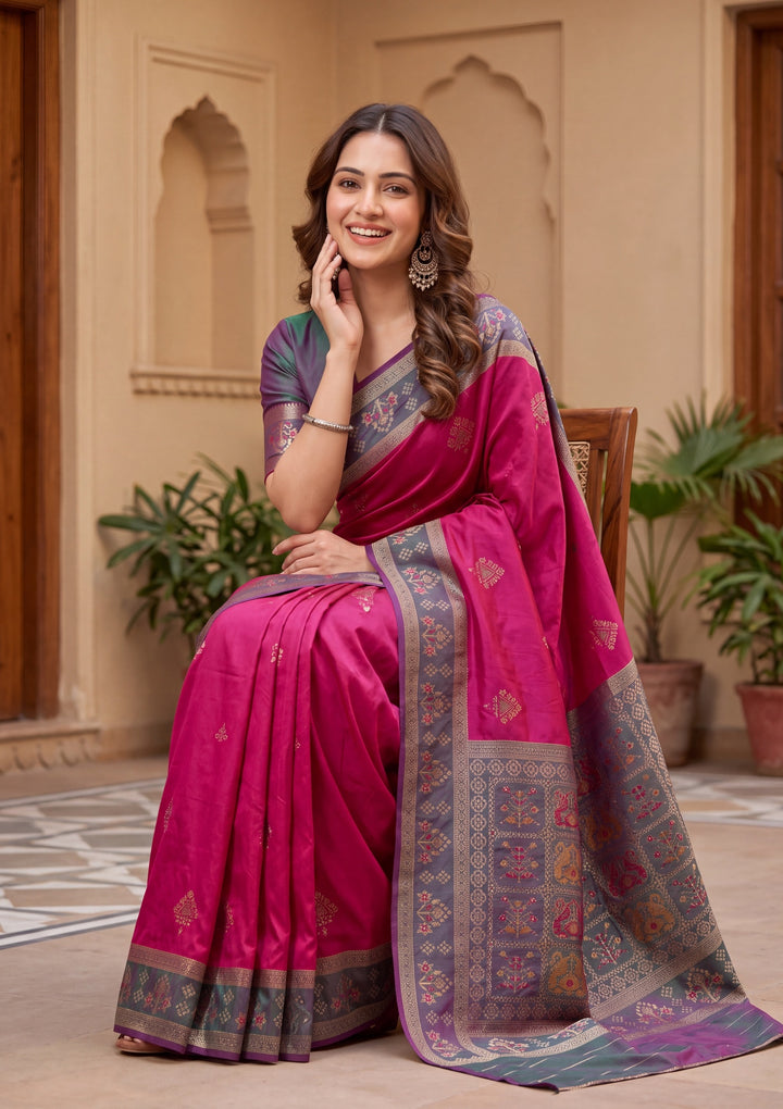 Rani Pink Art Silk Patola Jaal Saree With Matching Blouse Piece