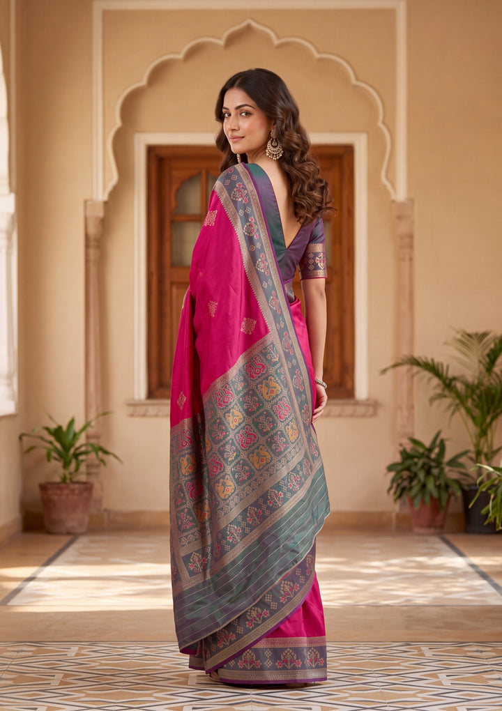 Rani Pink Art Silk Patola Jaal Saree With Matching Blouse Piece