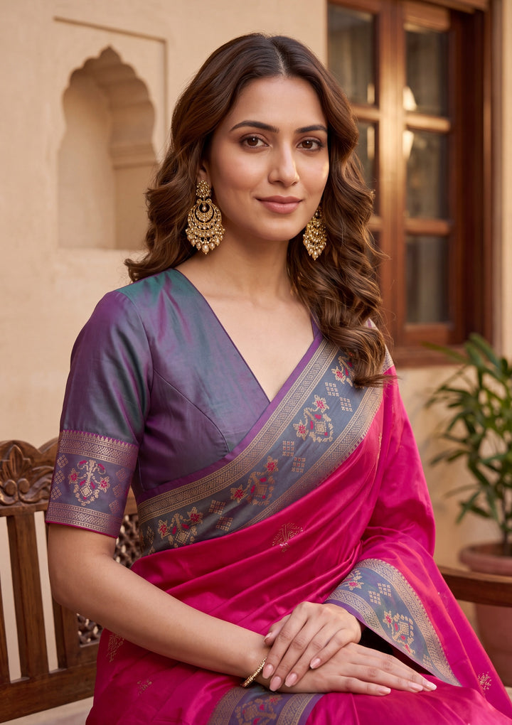 Rani Pink Art Silk Patola Jaal Saree With Matching Blouse Piece