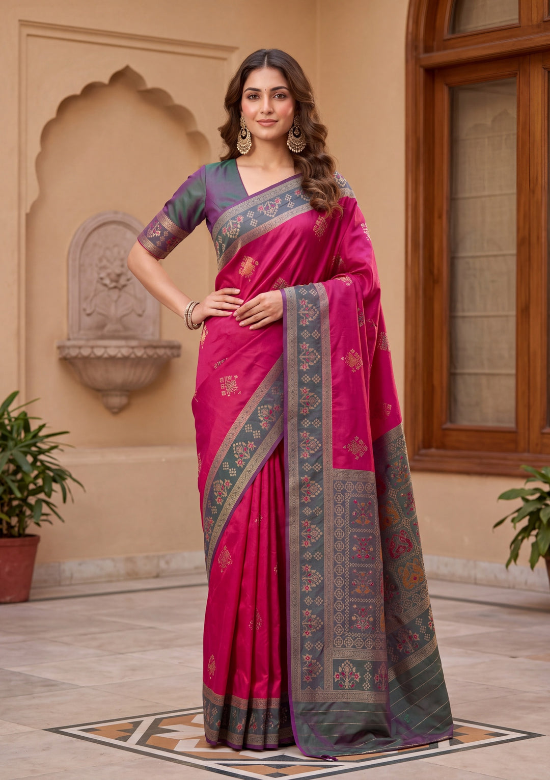 Rani Pink Art Silk Patola Jaal Saree With Matching Blouse Piece