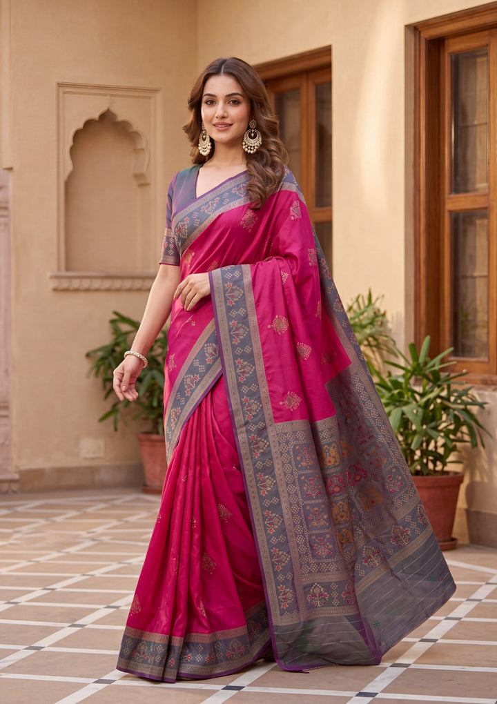 Rani Pink Art Silk Patola Jaal Saree With Matching Blouse Piece