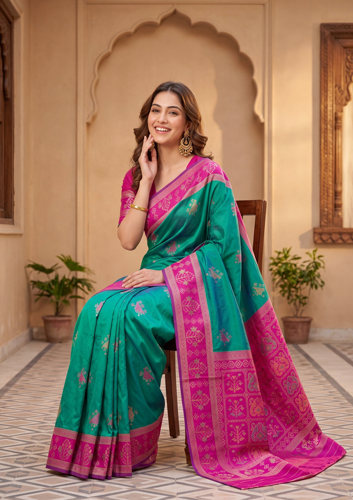 Teal Green Art Silk Patola Jaal Saree With Matching Blouse Piece