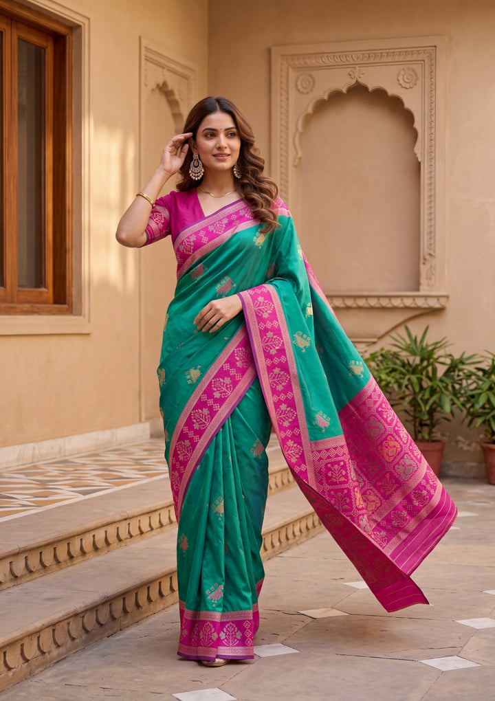 Teal Green Art Silk Patola Jaal Saree With Matching Blouse Piece
