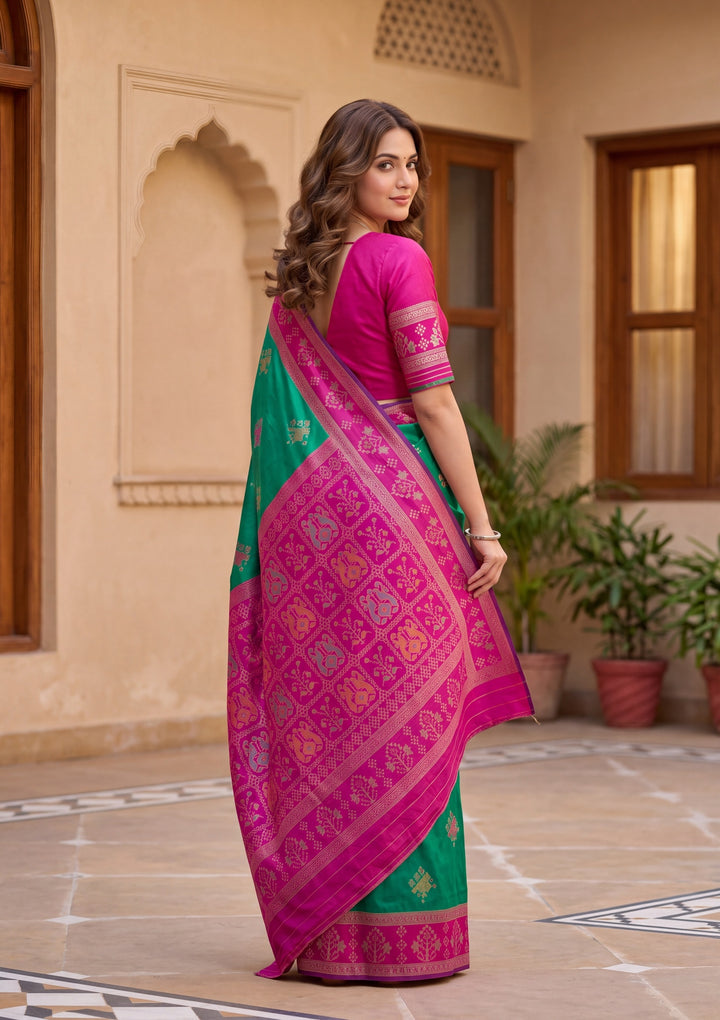 Teal Green Art Silk Patola Jaal Saree With Matching Blouse Piece