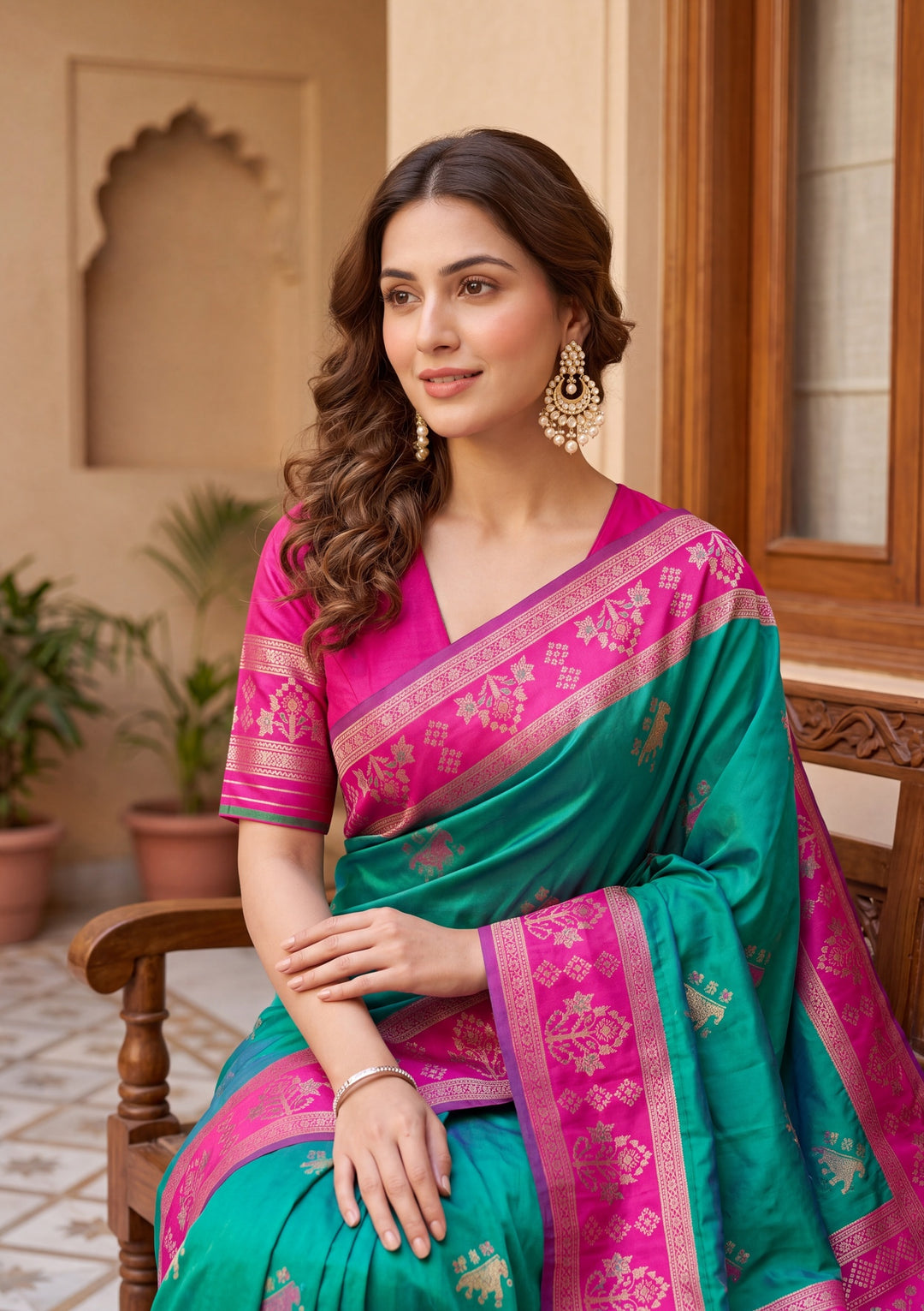 Teal Green Art Silk Patola Jaal Saree With Matching Blouse Piece