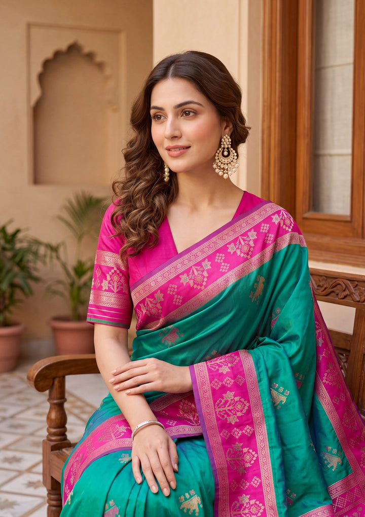 Teal Green Art Silk Patola Jaal Saree With Matching Blouse Piece