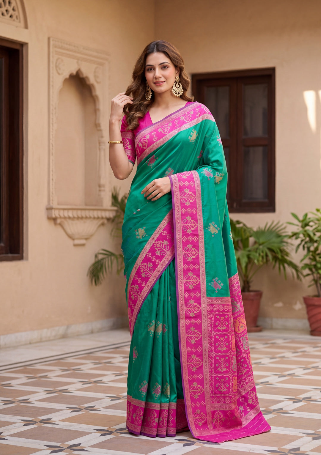 Teal Green Art Silk Patola Jaal Saree With Matching Blouse Piece