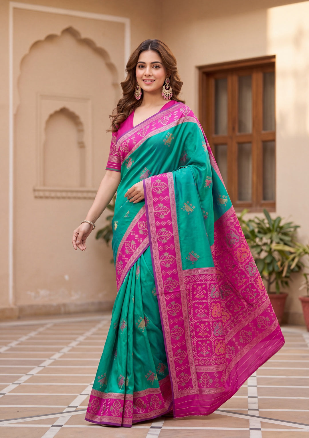 Teal Green Art Silk Patola Jaal Saree With Matching Blouse Piece