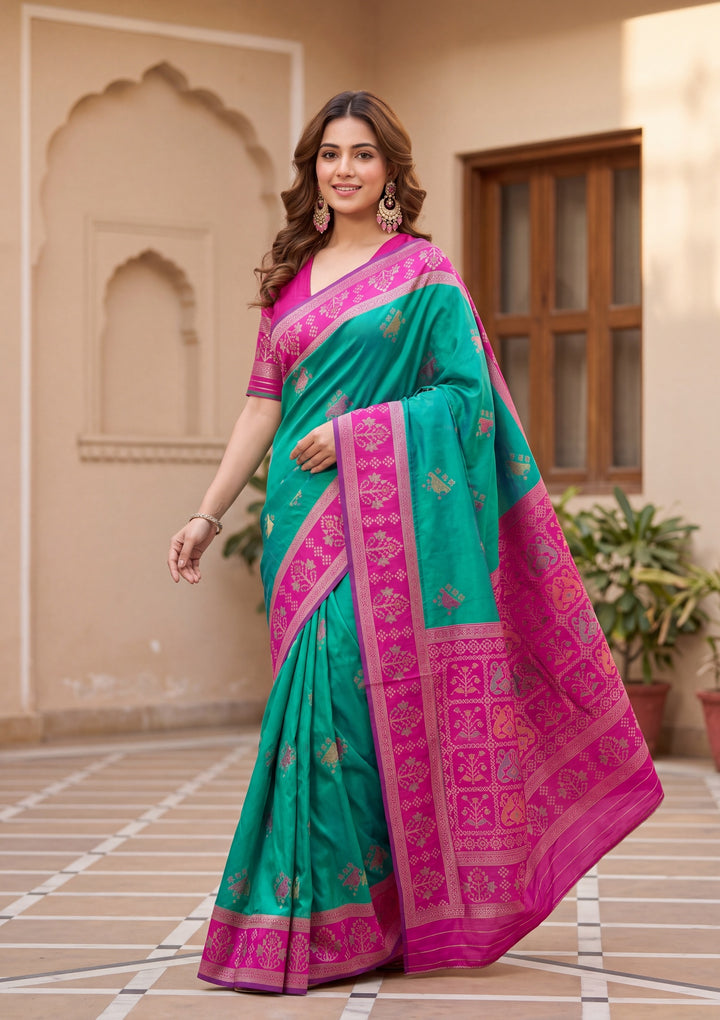 Teal Green Art Silk Patola Jaal Saree With Matching Blouse Piece