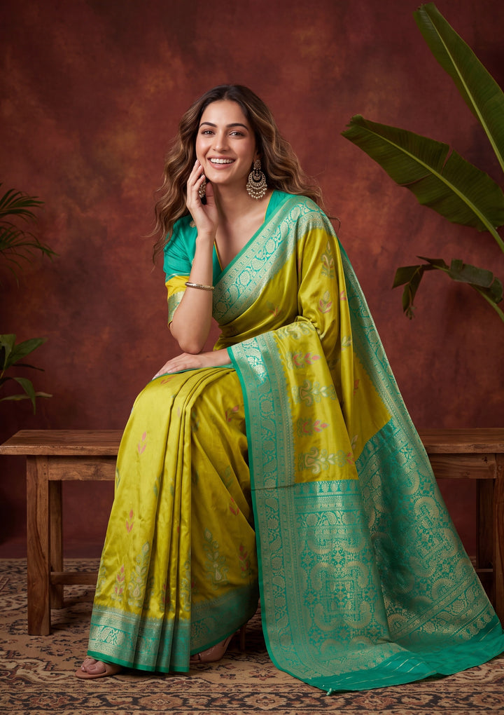 Parrot Green Art Silk Patola Jaal Saree With Matching Blouse Piece
