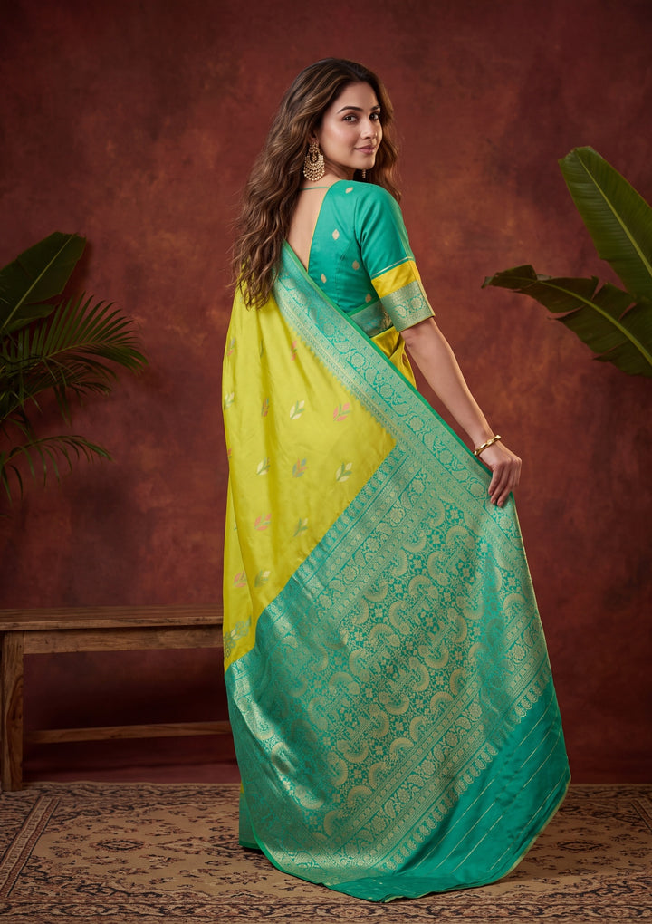 Parrot Green Art Silk Patola Jaal Saree With Matching Blouse Piece